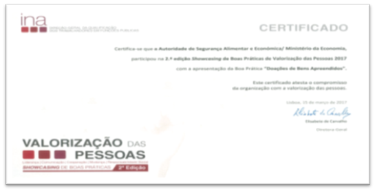 Certificado de participação da ASAE com a boa prática 