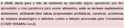 ASAE alerta para venda online de Alimentos Fraudulentos - PANDEMIA COVID 19